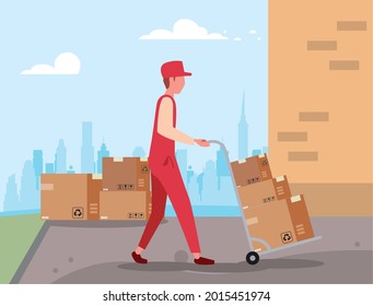 Delivery man with boxes on cart at city