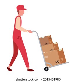Delivery man with boxes on cart on white background
