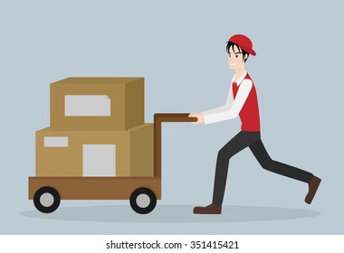 delivery man with boxes on cart vector