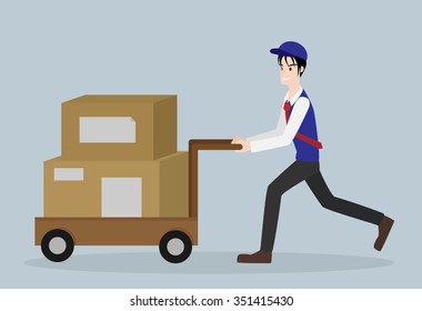 Delivery Man Boxes On Cart Vector Stock Vector (Royalty Free) 351415430