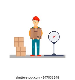 Delivery Man with Boxes and Scales, Flat Vector Illustration 