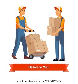 Delivery man with boxes and two weel cart. Flat style illustration. EPS 10 vector.