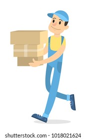 Delivery man with boxes in uniform on white.