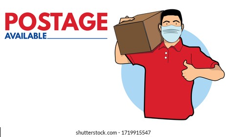 Delivery man with box.Postage Available.Logo and Flat design modern vector illustration concept.