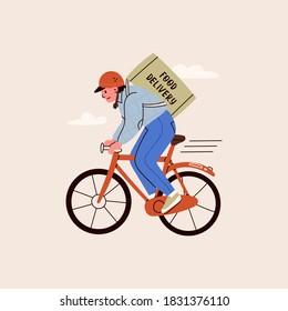 Delivery man or boy riding bicycle with delivery box on back. Courier on the bike. Takeaway Food, Parcel Delivery service concept. Cute funny character. Hand drawn isolated trendy Vector illustration