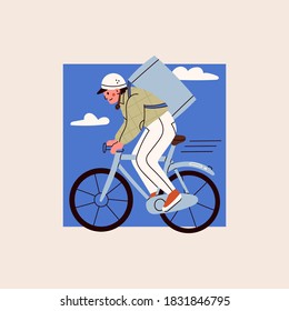 Delivery man or boy riding bicycle with delivery box on back. Courier on the bike. Takeaway Food, Parcel Delivery service concept. Cute funny character. Hand drawn square trendy Vector illustration