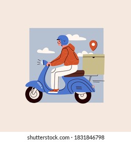 Delivery man or boy riding motorcycle with delivery box. Courier on the Scooter. Takeaway Food or Parcel delivery service concept. Cute funny character. Hand drawn square trendy Vector illustration