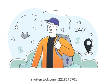 Delivery man bring package. Courier with backpack goes to given address. Home delivery of food and goods, online shopping, quality service. Poster or banner for site. Cartoon flat vector illustration