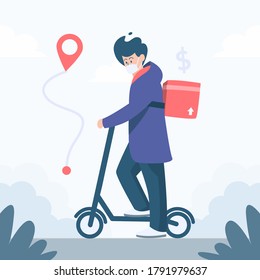 Delivery man bring package with scooter to location of customer wearing mask flat vector illustration. stay healthy keep wear mask to avoid corona virus flat illustration, mask can be removed