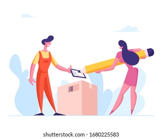 Delivery Man Bringing Box to Consumer. Businesswoman with Huge Pencil Signs Bill for Getting Parcel from Delivery Courier. Goods Shipping and Order Service, Shopping. Cartoon People Vector Illustration