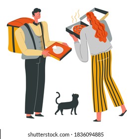 Delivery man bringing hot baked pizza to client, woman smelling tasty italian cuisine dish. Female character with meal in box, takeaway dishes. Lady with domestic pet cat, vector in flat style