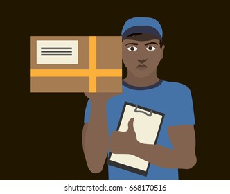 Delivery man bringing the parcel. Delivery service's work. Purchases in internet.