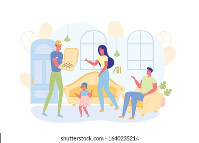 Delivery Man Bringing Pizza to Family Flat Cartoon Vector Illustration. Members Waiting for Fast Food Order. Woman Taking Box, Happy Daughter Wants to Eat. Father Sitting at Armchair.