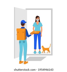 A delivery man brings an order to a customer. Conceptual illustration in a flat style. Vector file.