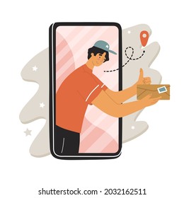 Delivery man brought the parcel through the phone screen. Courier, purchases, mail, box, parcel, navigation. Mobile online services. Vector illustration in flat style. Isolated on white background.