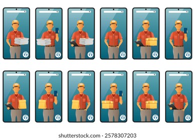 delivery man by phone courier service vector illustration isolated on white background