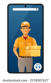 delivery man by phone courier service vector illustration isolated on white background