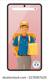delivery man by phone courier service vector illustration isolated on white background