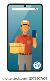 delivery man by phone courier service vector illustration isolated on white background