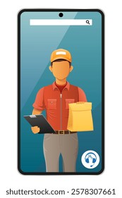 delivery man by phone courier service vector illustration isolated on white background