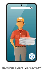 delivery man by phone courier service vector illustration isolated on white background