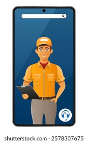 delivery man by phone courier service vector illustration isolated on white background