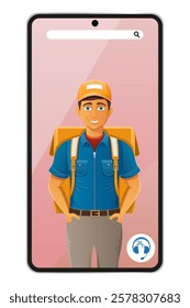 delivery man by phone courier service vector illustration isolated on white background