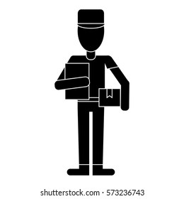 delivery man with cap box and clipboard pictogram