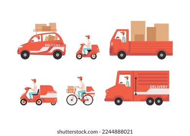 Delivery Man in Cap Driving Truck and Car Carrying Cardboard Boxes and Parcels Vector Set