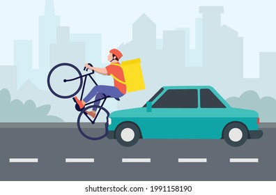 Delivery man and car crash. A delivery man in a helmet on a bicycle had an accident on the highway. The car violates traffic rules. Dangerous situation on the road. Side view of the accident. Vector
