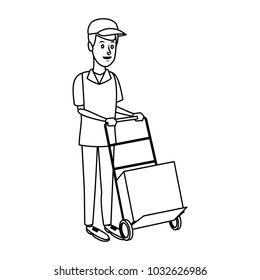 delivery man with cardboard box and push cart