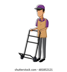 delivery man with cardboard box and push cart
