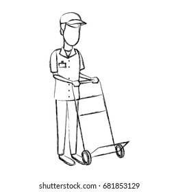 delivery man with cardboard box and push cart