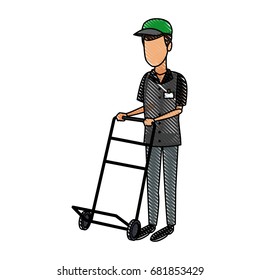 delivery man with cardboard box and push cart