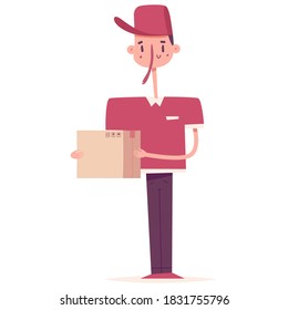 Delivery man with cardboard box vector cartoon character isolated on a white background.