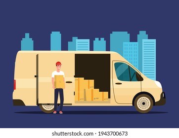 Delivery man with cardboard boxes. Cargo van. Vector flat style illustration.