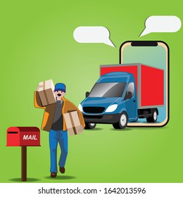 delivery man with cardboard boxes. Fast delivery van. Vector flat style illustration