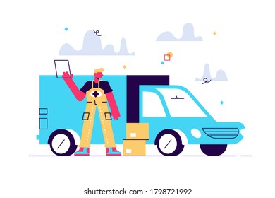 Delivery man with cardboard boxes in front of the van as local delivery service and shipping concept. Door to door car delivery by courier vector illustration on white background.