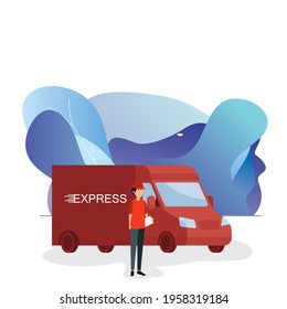Delivery man with cardboard boxes in front of the red van as local delivery service and shipping concept. Door to door car delivery by courier vector illustration on white background.