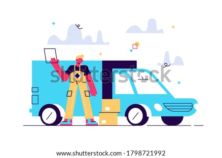 Delivery man with cardboard boxes in front of the van as local delivery service and shipping concept. Door to door car delivery by courier vector illustration on white background.