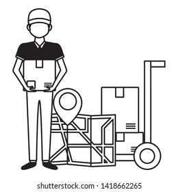 delivery man with cardboard boxes handcart map logistic vector illustration