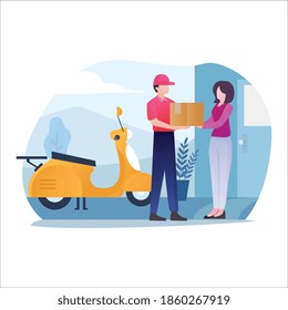 	
Delivery man with cardboard boxes as a local delivery service and shipping concept. Door to door car delivery by courier vector illustration on white background.