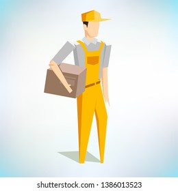 Delivery man with cardboard boxes. Male cartoon character. Fast Shipping. Local delivery service. Shipping concept. Low poly. Vector flat illustration.