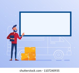 Delivery man with cardboard boxes near the van under big solid banner. Local delivery service and shipping banner concept. Door to door courier service vector illustration on the background.