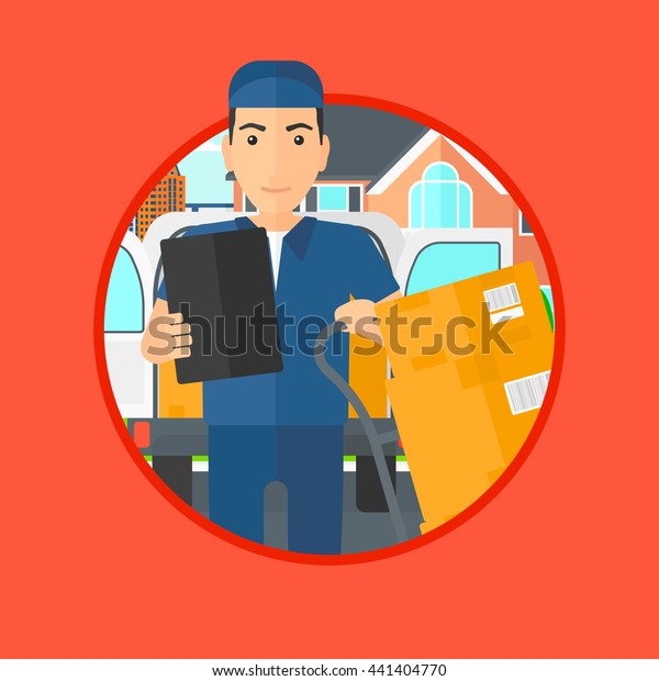 Delivery man with cardboard boxes on troley.\
Delivery man with clipboard. Delivery man standing in front of\
delivery van. Vector flat design illustration in the circle\
isolated on\
background.