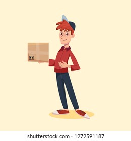 Delivery man with cardboard parcel box. Fast Delivery service by courier. Vector cartoon character illustration. Delivery concept.