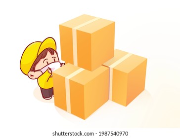 Delivery Man and cardboard pile of boxes cartoon art illustration