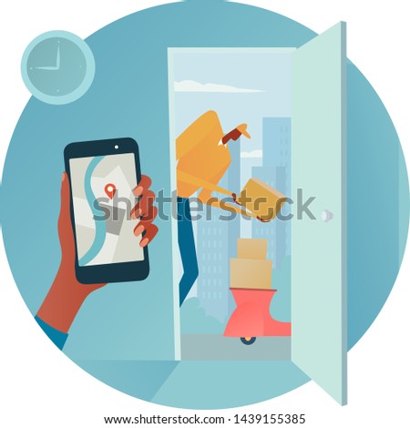 Delivery man with cardbox in open doors. Mobile delivery app