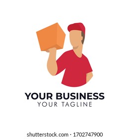 Delivery Man with A Cargo Box In his Hand Logo Design Template