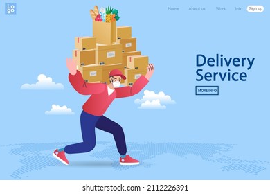 The delivery man carried several boxes on his shoulders. employee with Navigation Fast online delivery service. man carrying box. flat vector illustration.